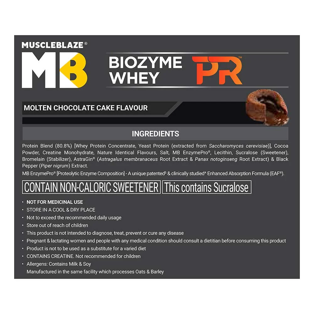 MuscleBlaze Biozyme Whey PR Molten Chocolate Cake 1 kg - ingredients label