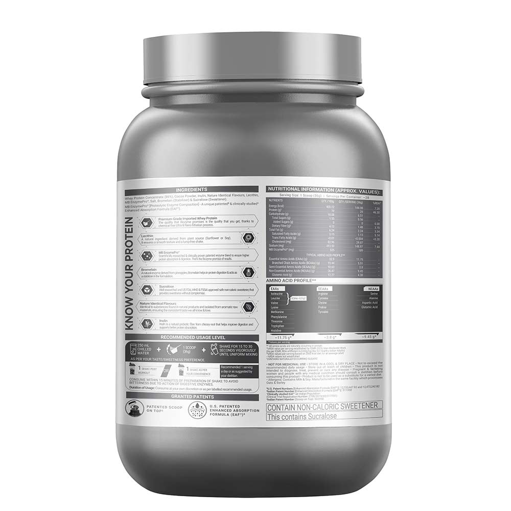 MuscleBlaze Biozyme Performance Whey Rich Chocolate 1 kg - back of pack