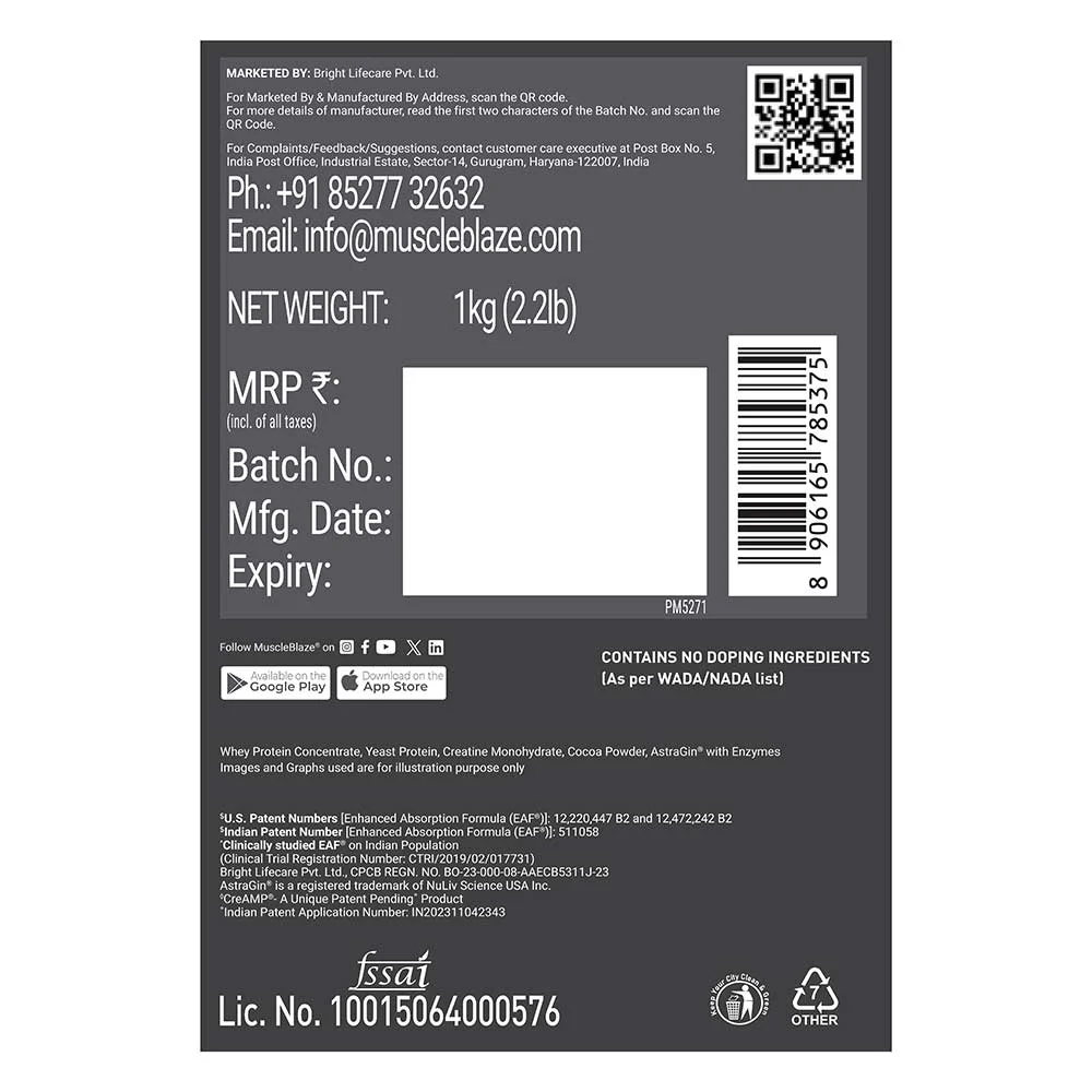 MuscleBlaze Biozyme Whey PR Molten Chocolate Cake 1 kg - FSSAI and net weight label