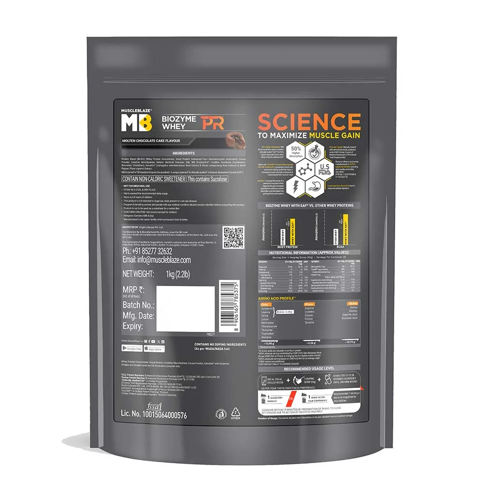 MuscleBlaze Biozyme Whey PR Molten Chocolate Cake 1 kg - back of pack