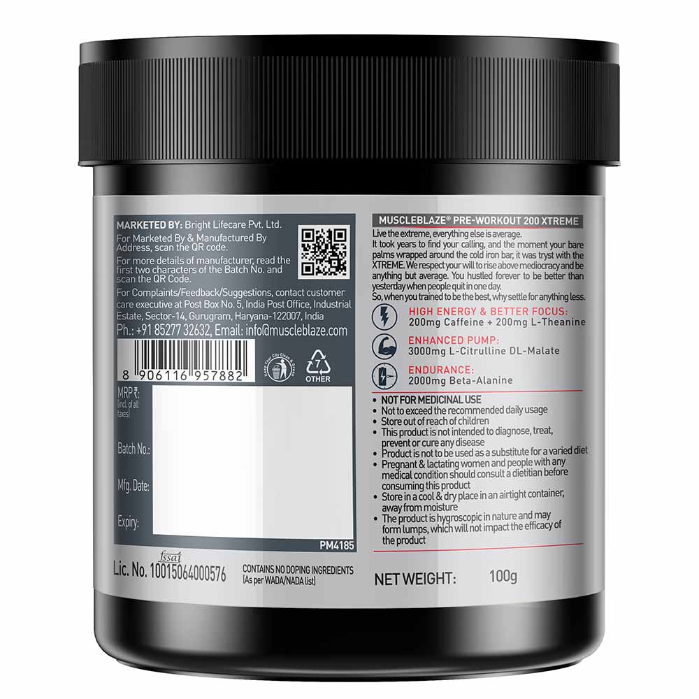 MuscleBlaze Xtreme-200 Pre-Workout Fruit Punch 100 g - label photo 4