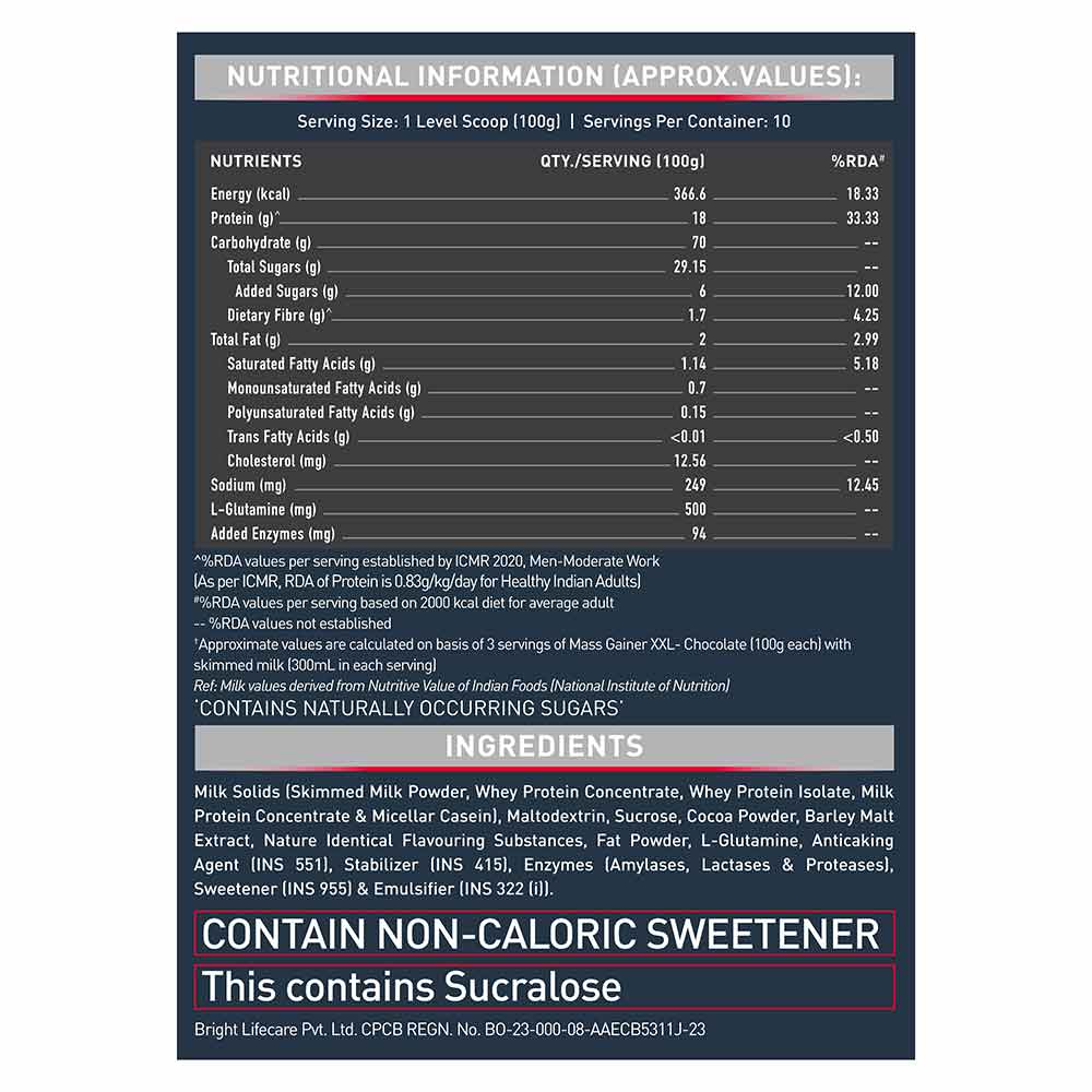 MuscleBlaze XXL Mass Gainer Chocolate 1 kg - nutrition facts label