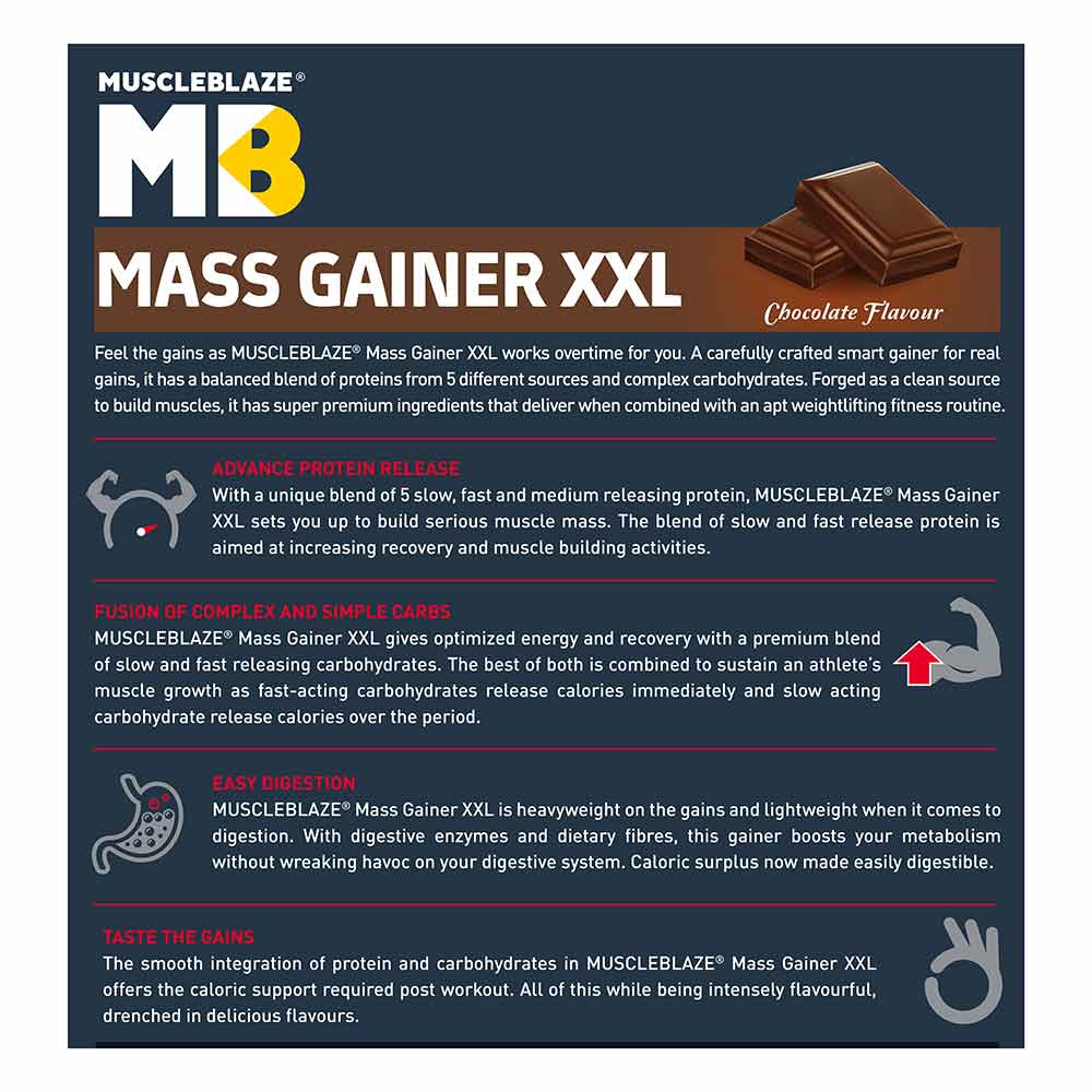 MuscleBlaze XXL Mass Gainer Chocolate 1 kg - ingredients label