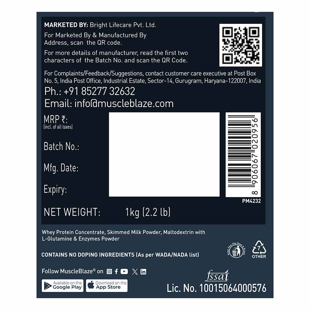MuscleBlaze XXL Mass Gainer Chocolate 1 kg - FSSAI and net weight label