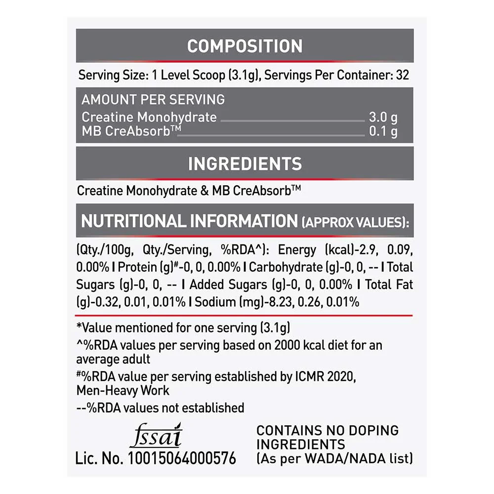 MuscleBlaze Creatine CreAMP Unflavoured 100 g - label photo 1