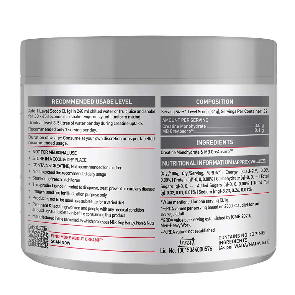MuscleBlaze Creatine CreAMP Unflavoured 100 g - label photo 4