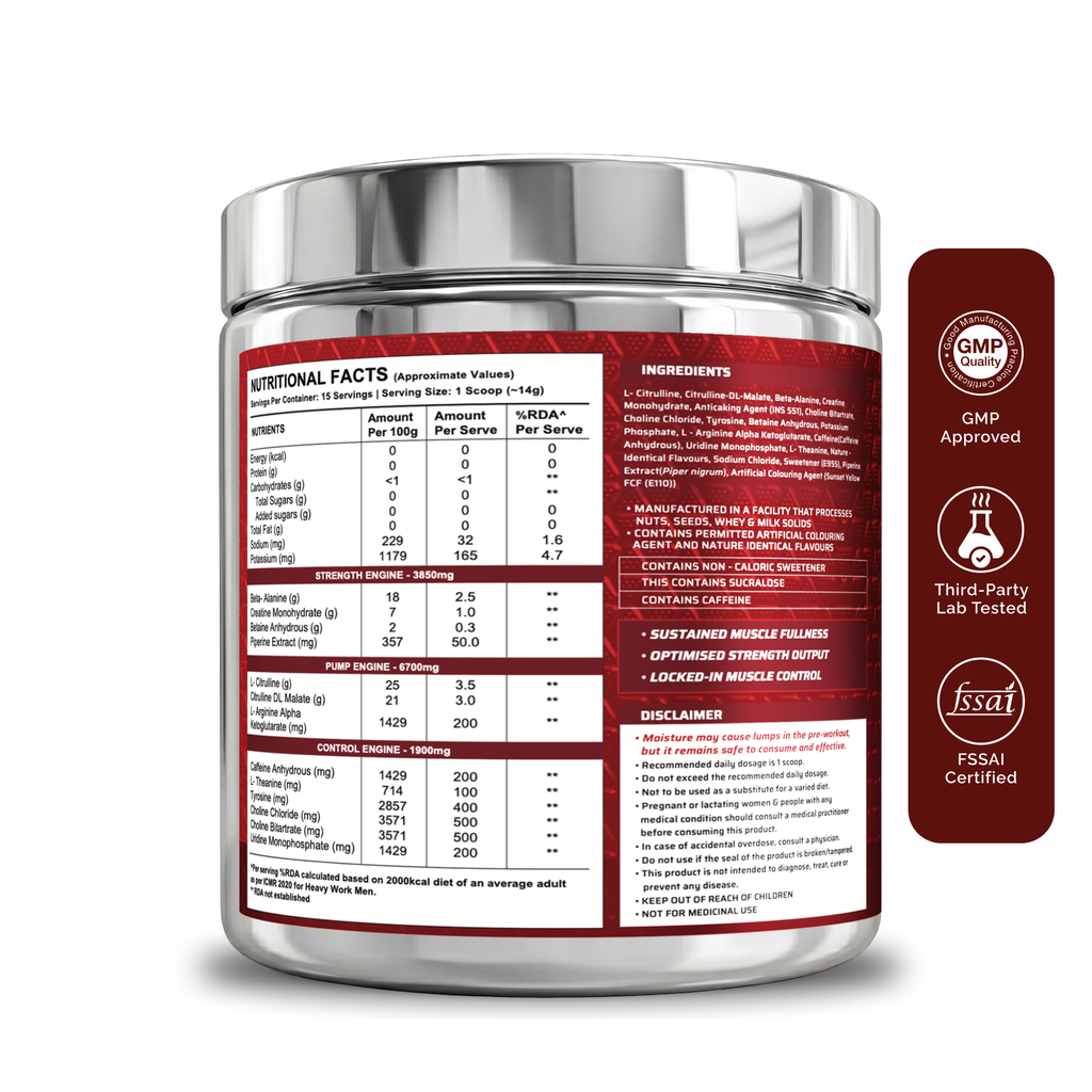 Wellversed Dynamite Pre-Workout Valencia Orange 210 g - nutrition label on jar
