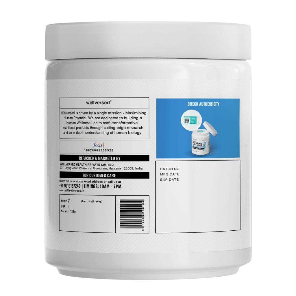 Wellcore Creatine Monohydrate Fruit Fusion 122 g - FSSAI licence and net weight label